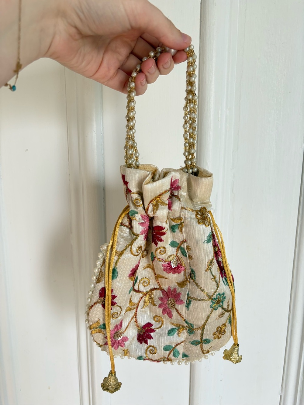 Embroidered Pearl-Handle Drawstring Potli Bag in Cream and Gold